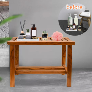 Tabouret de salle de bain en bois épaissi avec étagère pour rangement et utilisation sous la douche - Product Image 1