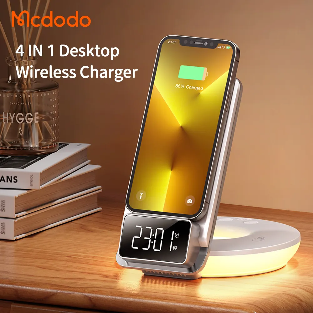 Mcdodo 161 4 en 1 estación de carga inalámbrica reloj Digital cama táctil soporte de teléfono Flexible inteligente 15W cargador inalámbrico almohadilla de carga