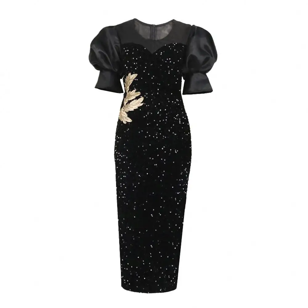 2023 New Style Long Black Classy Embroidered Sequined Puff Sleeve Women Evening Dress