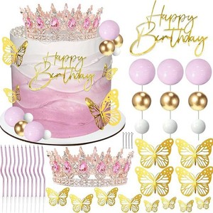 Kit de décoration de gâteau Couronne de Cristal, Diadème en Strass, Boule de Bougie Ondulée Dorée Papillon Filigrane, Joyeux Anniversaire, Fournitures de Fête Princesse - Product Image 1