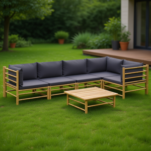 Ensemble de salon de jardin en bambou gris foncé 6 places, mobilier d'extérieur durable de style tropical - Product Image 2