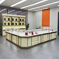 Vitrine de présentation de bijoux de luxe personnalisée, verre trempé, cadre en métal doré, panneaux en MDF, éclairage LED, design complet d'ameublement de magasin