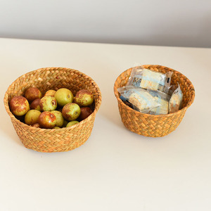 Natural Seaweed Woven Storage <b>Basket</b> Round Orange Color Food Container Kitchen Desktop Use - Product Image 2
