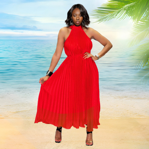 Robe longue plissée unie sans manches décontractée, respirante, écologique, taille naturelle, teinte unie, pour femme - Grande Vente Mode - Product Image 2