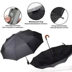 Parapluie pliant automatique de luxe pour homme, en cuir britannique, 10 baleines, coupe-vent et imperméable, grand format, avec logo - Product Image 4
