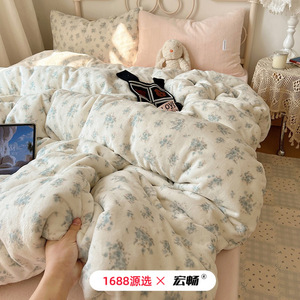 Retro Floral Print Milk Fleece Four-Piece <b>Bedding</b> <b>Set</b> Thickened Warm Skin-Friendly Winter Use Anti-Static - Product Image 1