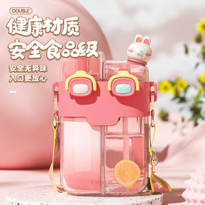 Bouteille d'eau en plastique fantaisie pour enfants, mignonne, portable, à double compartiment, avec deux pailles, pour garçons et filles - Product Image 5