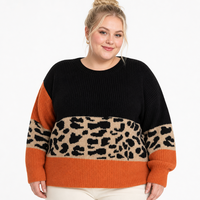 Pull-over en tricot pour femme avec logo personnalisé, manches longues, col rond, imprimé léopard, mode décontractée, hiver, polyester, usine OEM et ODM