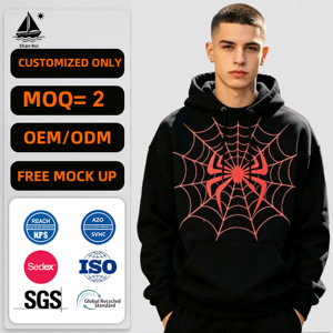 <span class=keywords><strong>Felpa</strong></span> con Cappuccio Nera Personalizzata OEM ODM con Stampa Ragnatela, Streetwear da Uomo, Pullover Oversize, Produzione all'Ingrosso - Product Image 1
