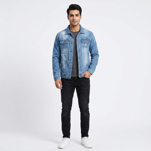 ODM <b>Denim</b> <b>Jackets</b> for Men Vintage Style Stand Collar Hooded Windproof 100% Cotton Front Logo Wholesale <b>Custom</b> Label Bulk Supply - Product Image 1