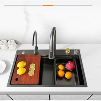 Ensemble complet d'évier de cuisine cascade en acier inoxydable 304, grand bac unique avec égouttoir intégré, finition gris brossé, design moderne, garantie 5 ans
