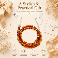 Kabel Pengisi Daya Ponsel 4 in 1 Amber Beaded, Manik-manik Coklat Transparan, USB Type C, Kabel Pengisian Multi, Gaya Vintage