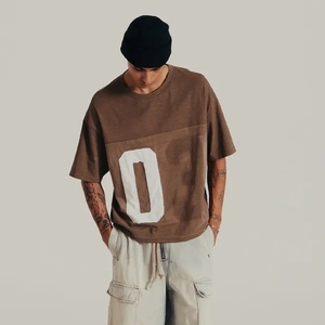 Custom Men Brown Washed Cropped T <b>Shirt</b> Raw <b>Patchwork</b> Letter Oversized Short Sleeve Crew Neck Streetwear Tee - Product Image 3