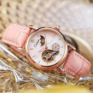 Montre mécanique automatique pour femmes avec cadran diamant <span class=keywords><strong>soleil</strong></span> et lune montre en cuir pour femmes - Product Image 4