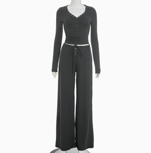 Conjunto de Dos Piezas Viviblook C25ST242 Otoño Invierno 2024 para Mujer, Estilo Urbano, Casual, Ajustado, Top de Manga Larga y Pantalones - Product Image 1