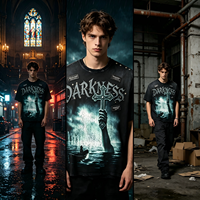 T-shirt surdimensionné pour homme, style grunge streetwear, vintage, noir délavé, effet vieilli, avec croix gothique, rivets et patchs.