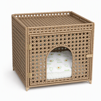 Villa pour chat tressée à la main YAOYUE avec entrée arquée, coussin amovible imprimé avocat, rotin PE kaki et acier carbone 52,5x47x49cm