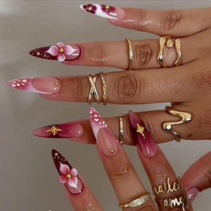 Uñas Postizas Doradas con Ondas Marrones Ámbar, 24 Piezas, con Flores, Diamantes de Imitación, Perlas, Estrellas, Pavo Real y Almendras, Uñas Acrílicas a Presión para <span class=keywords><strong>Manicura</strong></span> - Product Image 4