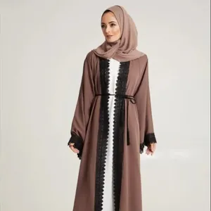 Muslim Women's Long Sleeve Cardigan Robe Paneled Lace Front Kimono Simple Style Casual Floor-Length Abaya Dress