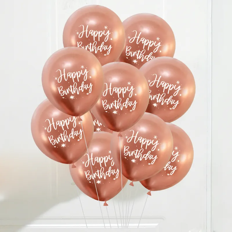 10Pcs 12inch Happy Birthday Printed Rose Gold Chrome Metallic Latex Balloons for Birthday Party Decoration Metal Globos