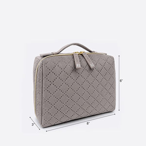 Grey Velvet Quilted Cosmetic <b>Case</b> with <b>Makeup</b> Brush Holders and Double Zippers for Women Travel Beauty Storage - Product Image 2