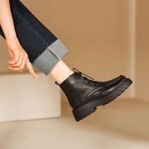 Nuevas Botas de Tobillo para Mujer, de Cuero Vacuno Genuino, con Suela Gruesa, Cálidas, Negras, Punta Redonda, Tacón Medio, Forro de Piel, con Cordones, Cómodas y Transpirables - Product Image 2