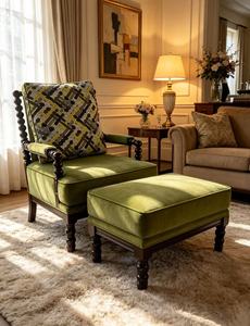 Ensemble fauteuil et ottoman en velours vert vintage, fauteuil d'appoint capitonné avec pieds en bois tourné - Product Image 6