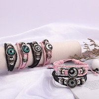 Gelang Boho PU Anyaman Anti-Luntur Terlaris, Hiasan Paduan Logam Matahari Bulan Bintang, Dapat Disesuaikan, untuk Pesta & Hadiah Sehari-hari