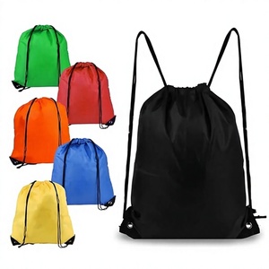 Custom Polyester <b>Drawstring</b> <b>Backpack</b> Bulk Gym Sack With PU Leather Corners Lightweight Foldable Travel Sports Bag For Men Women - Product Image 1