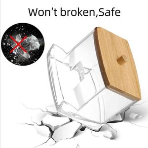新しい綿棒歯間ブラシディスペンサーボックス アクリル綿棒収納ボックス 丸型2グリッド収納容器 竹製蓋付き - Product Image 3