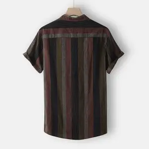 Summer Men's Hawaiian Fashion Strip Print Short Sleeve Stand Collar Linen Streetwear Shirt