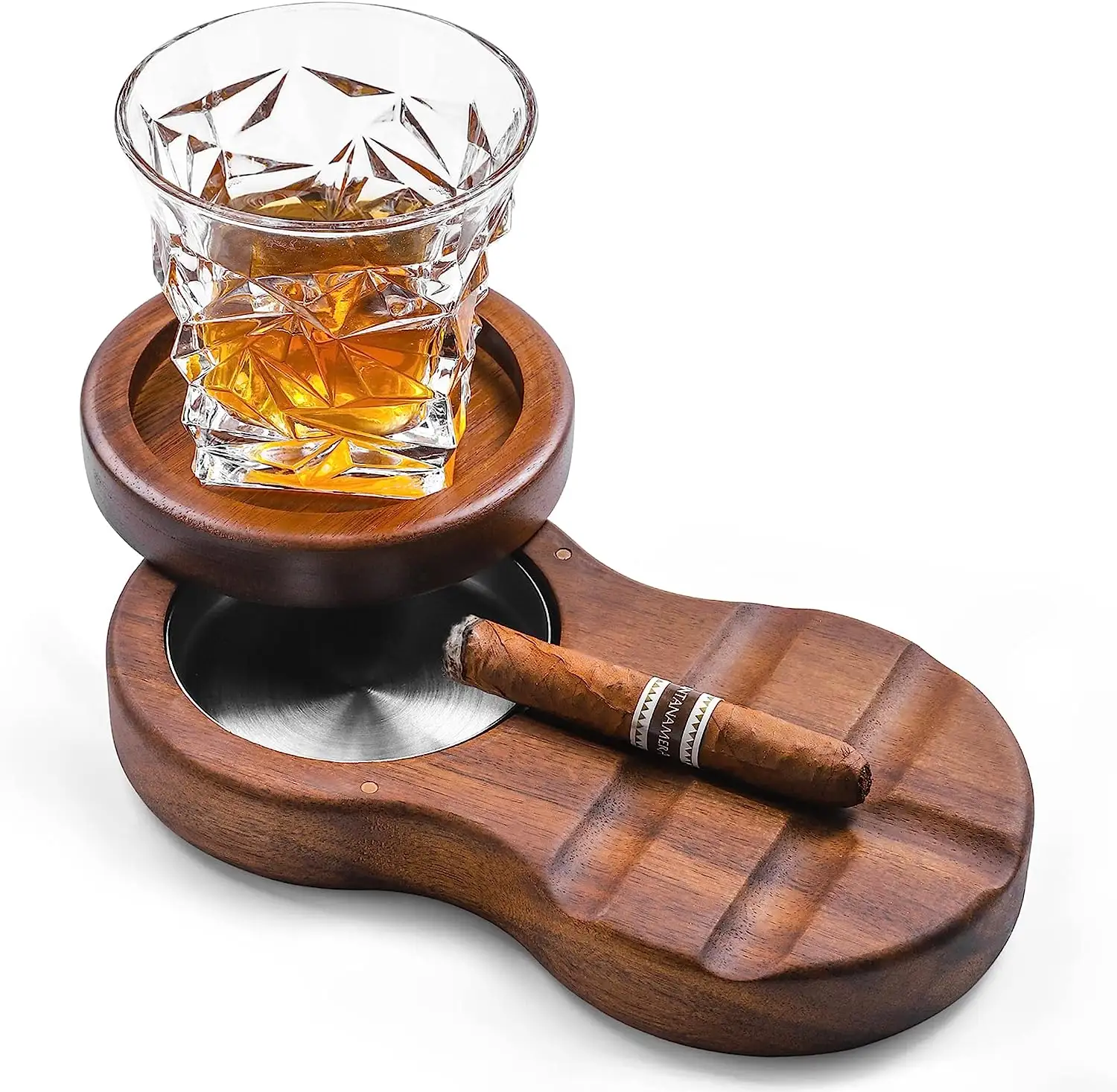 Wooden Cigar Ashtrays Coaster Whiskey Glass Tray Holder With Slots For Smoker &Men's Gift Set