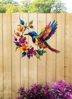 Décoration murale en métal colorée Art Déco Colibri découpée au laser, oiseaux et fleurs, pour intérieur, extérieur, jardin, clôture, patio, maison