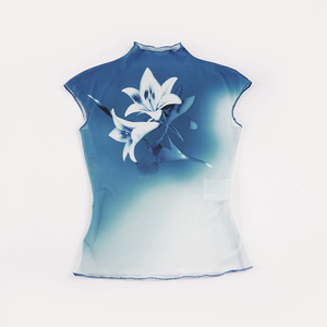 T-shirt élégant vintage pour femme à col roulé et manches courtes, en mousseline de soie à motif floral dégradé, coupe classique, respirant, tricoté, printemps-été - Product Image 2