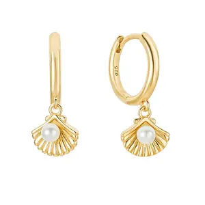 Gemnel trendy earrings 925 sterling silver 18k gold plated pearl on shell charm hoop earrings