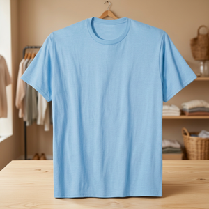 Camiseta de Cuello Redondo para Hombre, Color Azul Claro, Algodón, Corte Regular, Manga Corta, Color Sólido, Estilo Casual, Tejido Jersey - Product Image 2