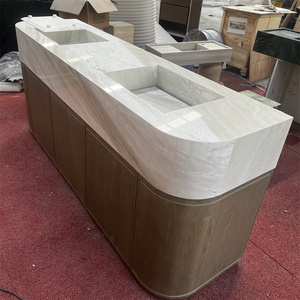 Meuble-lavabo haut de gamme en marbre blanc poli, lavabo double incurvé avec armoire en <span class=keywords><strong>bois</strong></span> massif pour salle de bain et spa - Product Image 1