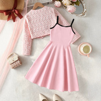 Tenue 2 pièces pour filles, robe rose à bretelles spaghetti, cardigan texturé à manches longues, vêtements décontractés pour enfants, printemps-automne