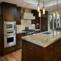 Meubles d'îlot de cuisine modulaires RTA modernes en contreplaqué laqué brillant, finition expresso, avec panneaux surélevés, robinet, 5+ tiroirs, évier et charnières