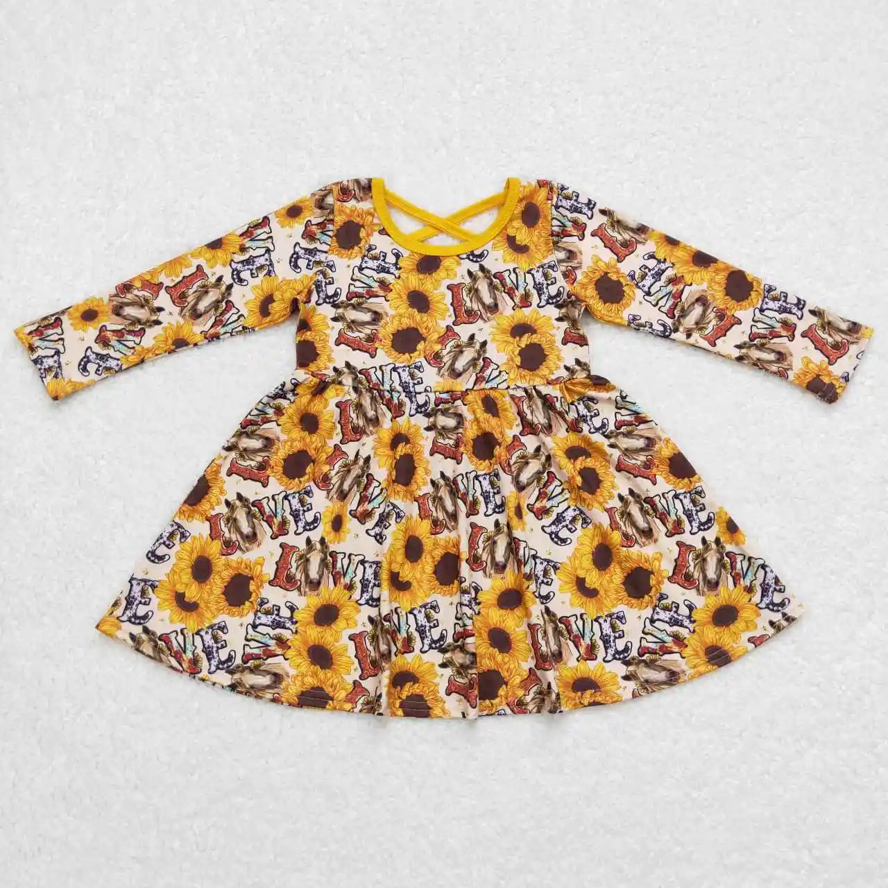 Wholesale Factory Sale Boutique Baby Girls Clothing Rustic Sunflower Milk Silk Soft Long Sleeve Kids Girls Dress