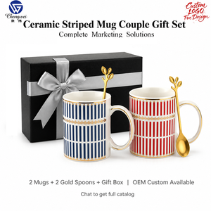 <span class=keywords><strong>Set</strong></span> Regalo di Tazze da Caffè in Ceramica Personalizzate a Righe, 2 Tazze con Cucchiai in Foglia d'Oro, Confezione Regalo con Nastro Nero, Blu Navy Rosso OEM - Product Image 1