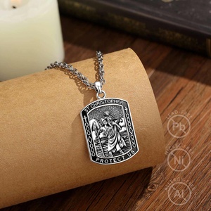 Pendentif rectangulaire Saint Christophe en cuivre plaqué argent lourd, émail noir, collier religieux de bénédiction pour homme - Product Image 3