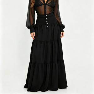 Jupe longue en jean à volants taille haute pour <span class=keywords><strong>femme</strong></span>, style vintage délavé, boutonnée, bohème décontracté, vente en gros - Product Image 3