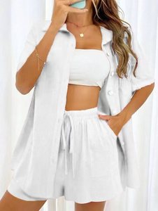 2025 femmes 2 pièces ensemble élégant été couleur unie décontracté ample short et chemise ensemble - Product Image 2