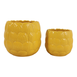 Set di 2 vasi da fiori in ceramica testurizzata, gialli, decorativi, per uso interno ed esterno - Product Image 1