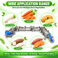 Continue productielijn voor het snijden, reinigen, luchtdrogen en vacuümverpakken van wortelen, radijsjes, aardappelen en cassave.
