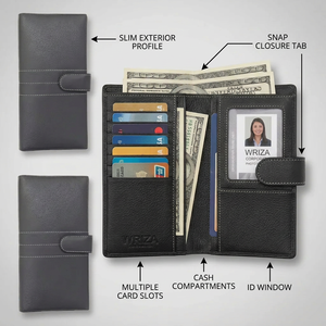 WRIZA Genuine Leather Black Rectangular <b>Travel</b> <b>Wallet</b> Button Passport Credit ID Cash Business Card Holder Card Slots - Product Image 6