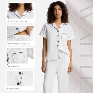 Conjunto de Pijama Capri para Mujer, Camiseta de Manga Corta con Botones y Pantalones de Punto Waffle, Ropa de Dormir Blanca de 2 Piezas, Ropa de Casa para Mujer, Pijama - Product Image 5