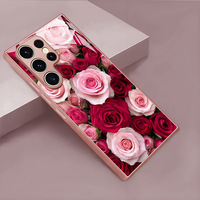 Étui de protection pour téléphone portable en verre trempé et TPU avec imprimé de fleurs de rose pour Samsung Galaxy S8 S9 S10 S20 S21 S22 S23 S24 S25 S26