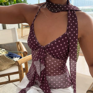 Camisole d'été courte en maille à pois avec rubans à nouer, dos nu transparent, sans manches, haut sexy à lacets pour femme - Product Image 4